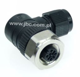 RKCWN 4/7, M12, 4 styki, złącze żeńskie (gniazdo) kątowe, dławik SW15 (3-6.5mm), nakrętka ze stali szlachetnej, czarne, LUMBERG,