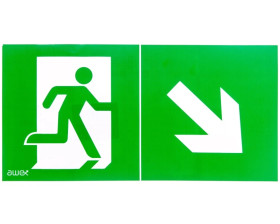 Piktogram PD23 150x300 człowiek w drzwiach obrotowa strzałka logo awex (ISO7010)