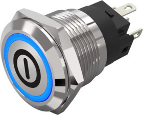 Vandal-proof pushbutton switch, silver, illuminated  (blue), mounting Ø 19 mm, IP65/IP67, 82-5151.2124.B001