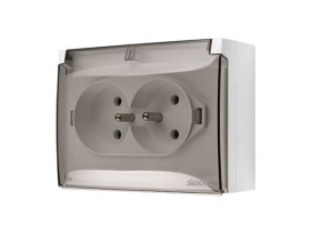 SIMON AQUACLICK Gniazdo podwójne z uziemieniem klapka transparentna z przesłonami zaciski śrubowe IP44 biały ACGZ2Z/11A KONTAKT