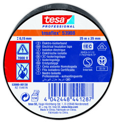 Taśma izolacyjna Czarny szerokość: 25mm grubość: 150mm długość: 25m Miękki PVC 7000V Tesa