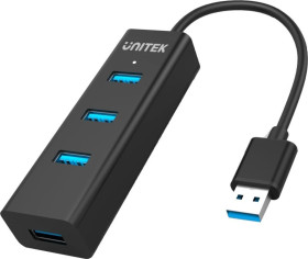 UNITEK Hub USB 3.0 A aktywny (BC1.2) na 4 porty USB A + gniazdo USB micro-B do zasilania czarny na kablu 0,3m