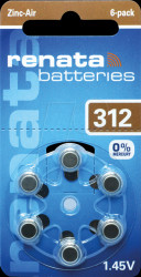 312 Hearing aid battery, zinc-air, 7.9 x 3.6 mm, Aid 312, pack of 6