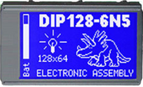 Graphic display, 128 x 64 character, STN, viewing area: 61 x 38 mm, EA DIP128-6N5LW