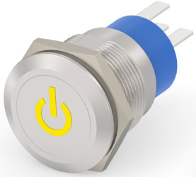 Vandal-proof pushbutton, 1 pole, silver, illuminated  (yellow), 5 A/250 V, mounting Ø 19.2 mm, IP67, 1-2213766-1