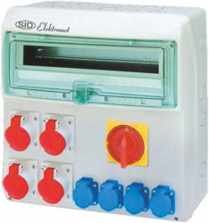 Rozdzielnica RSS-05 z rozłącznikiem 0-1 100A okienko 18 mod okablowana 4x16A 3P+N+Z 400V, 4x16A 2P+Z 250V IP44 942056