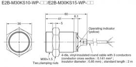 E2B-M30KS15-WP-B1 5M, Czujnik indukcyjny, M30x1.5, PNP NO, sr=15mm przewód o dł. 5m, dł. obudowy 64mm, czoło częściowo zakryte,