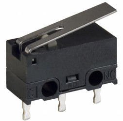 Subminiature snap-action switch, On-Off, PCB connection, hinge lever, 1.47 N, 3 A/125 VAC, 2A/30 VDC, IP40, D2F-L