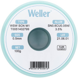 Weller T0051402799 WSW Lead-Free Solder Wire Sn06Cu005Ni 0.50mm 100g