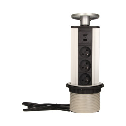 Gniazdo meblowe Ø10cm wysuwane z blatu z ładowarką USB i przewodem 1.8m. 3x2P+Z. 2xUSB OR-AE-1353