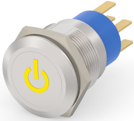 Vandal-proof pushbutton switch, 2 pole, silver, illuminated  (yellow), 0.4 A/250 VAC, mounting Ø 19.2 mm, IP67, 7-2213766-0