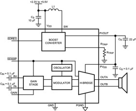 2.7-W, mono, analog input Class-D audio amp with integrated boost converter & EMI suppression