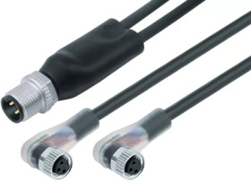 Sensor actuator cable, M12-cable plug, straight to 2 x M8-cable socket, angled, 4 pole/2 x 3 pole, 1 m, PUR, black, 4 A, 77 9829