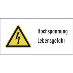 Warning sign, text: "Hochspannung Lebensgefahr", (W) 131 mm, plastic, 083.09-9-Q, package with 3 pieces