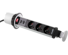 Biurkowy przedłużacz wpuszczany fi 60mm srebrny 3x gniazdo z uziemieniem 2xUSB 2,1A 5V AE-BPW3U60U-80