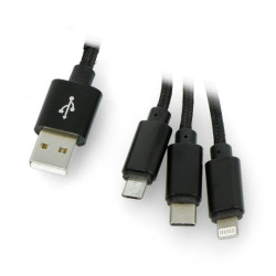 Przewód Maxlife Nylon 3w1 USB typ A - microUSB + lightning + USB typ C - czarny - 1m