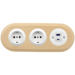 2x Gniazdo Schuko okrągłe + Gniazdo USB A+C 4A białe z ramką potrójną jasne drewno, montaż podtynkowy, Ceramic Loft