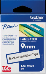TZE-M921 Laminated labelling tape, black on silver, 9 mm