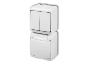 JUNIOR IP54 Wyłącznik podwójny świecznikowy z gniazdem pojedynczym z uziemieniem (klapka biała: bez przesłon) biały WGHP-2 KARLI