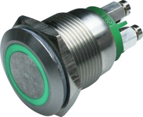 Vandal-proof pushbutton, 1 pole, silver, illuminated  (green), 0.05 A/24 V, mounting Ø 19.2 mm, IP66, MPI002/TERM/GN