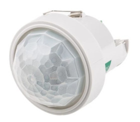 Detektor ruchu PIR o wysokiej czułości, 230 V AC, zasięg 40 m, montaż Sufit, Ø 88mm, Certyfikat CE, EMC-2004/108/WE,