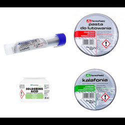 Zestaw do lutowania: cyna, kalafonia, kwas, pasta