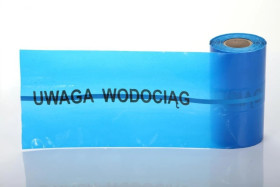 Taśma ostrzegawcza z wkładką metalową lokalizacyjna niebieska szer. 20 cm nadruk Uwaga Wodociąg /100m