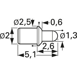 Battery charge and interface contact with probe, round head, Ø 1 mm, travel  1.2 mm, pitch 3 mm, L 5.1 mm, 5099-D-2.0N-AU-1.0 C