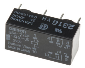 Przekaźnik sygnału, 5V dc, 1 A, DPDT, 2-polowy, montaż PCB, Omron G6A