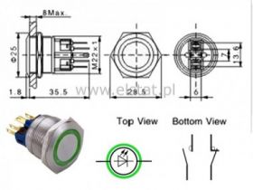 Przycisk chwilowy LED 5-24V zielony, płaski 22mm