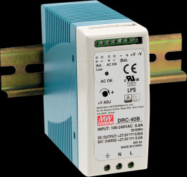 DRC-40B Switching Power Supply, DIN mounting, 40 W, 27,6 V, 0,95/0,5 A