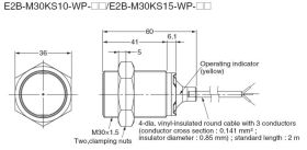 E2B-M30KS15-WP-B1 2M, Czujnik indukcyjny, M30x1.5, PNP NO, sr=15mm przewód o dł. 2m, dł. obudowy 64mm, czoło częściowo zakryte,