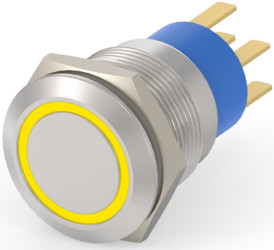 Vandal-proof pushbutton, 2 pole, silver, illuminated  (yellow), 0.4 A/250 VAC, mounting Ø 19.2 mm, IP67, 5-2213767-0