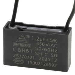 Kondensator rozruchowy do silnika 1,2µF 450VAC, CBB61, przewody 20 cm, 36 × 11 × 22 mm, EPERS