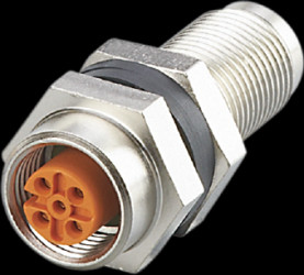 Panel feed through, M12 (5 pole, socket, A coded) to M12 (5 pole, plug, A coded), straight, E73009