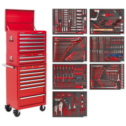 Sealey TBTPCOMBO1 Tool Chest Combi 14 Drawer - BB Runners - Red &amp; Tool Kit 446pc