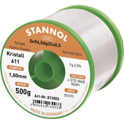 Stannol 813003 Kristall 611 Lead-Free Solder Sn96.5Ag3Cu0.5 1mm 500g