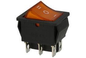 Przełącznik; klawiszowy (kołyskowy); C1570/IRS-203; ON-OFF-ON; 2 tory; żółty; podświetlenie neonówka 250V; żółty; bistabilny; ko