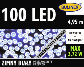 100 LED lampki z zasilaczem biały,przewód przeźroczysty 4,95m dł. + 3m wewn/zewn 230V/31V 3,72W IP44 13-114
