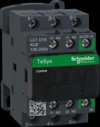 Power contactor, 3 pole, 18 A, 400 V, 3 Form A (N/O), coil 100-250 V AC/DC, screw connection, LC1D18KUE