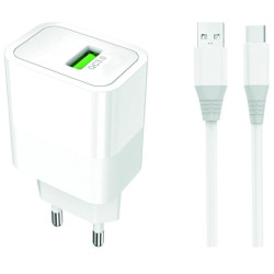 Ładowarka sieciowa USB-A QC3.0 biała 18W + kabel USB-C eXtremeStyle ATC