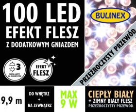 Kurtyna świetlna zewnętrzna FLESZ 100 LED LAMPKI z gn. i zasil. ciepły biały/flesz 9,9m dł +3m, łącz. max 3, 230V 9W IP44 13-139