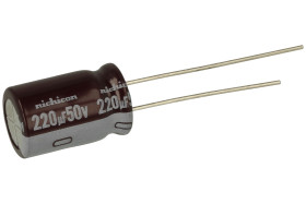 Kondensator; niskoimpedancyjny; elektrolityczny; UPW1H221MPD; 220uF; 50V; UPW; fi 10x16mm; 3,5mm; przewlekany (THT); luzem; Nich