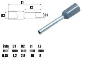 Końcówka kabla zac 1,2/2,8mm fi0,75 16mm