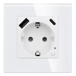 Gniazdo elektryczne Schuko z USB A+C 20W z pomiarem energii (watomierz) WiFi i Bluetooth białe podtynkowe z ramką szklaną - TAWO