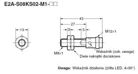 E2A-S08KS02-M1-B1, Czujnik indukcyjny, M8x1, PNP/NO, sr=2mm złącze M12x1, dł. obudowy mm, czoło zakryte, obudowa ze stali szlach