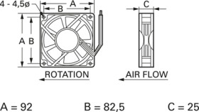 DC axial fan, 24 V, 92 x 92 x 25 mm, 84 m³/h, 33 dB, slide bearing, TRACO POWER D09 T24 HWS