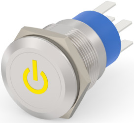 Vandal-proof pushbutton switch, 2 pole, silver, illuminated  (yellow), 5 A/250 VAC, mounting Ø 19.2 mm, IP67, 6-2213766-9