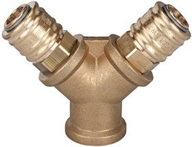 Distributor, with 2 quick-release couplings, L 89 mm, 35 bar, brass, for plastics processing, food, pharmaceutical or electronic