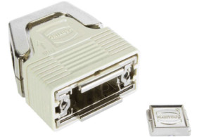 D-Sub connector housing, size: 1 (DE), straight 180°, angled 23°, cable Ø 3.3 to 14 mm, plastic, pebble gray, 09670090210160
